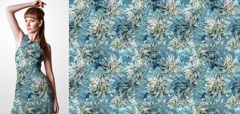 33149 Materiał ze wzorem malowane kwiaty (dalia) w stylu akwareli, w odcieniach niebieskiego i szarości